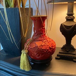 Vintage Y2K Chinese Red Cinnabar Handcarved Vase